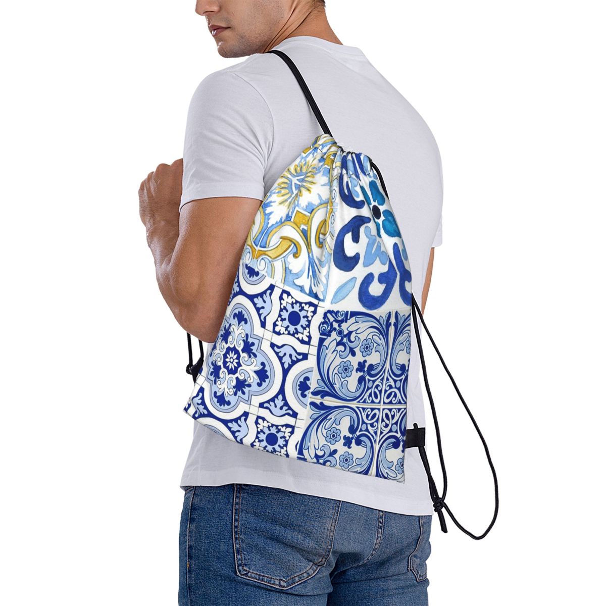 Tile Bag Drawstring - Sicilian Tiles,mediterranean,mosaic,lemons Backpacks Multi-function Drawstring Bags