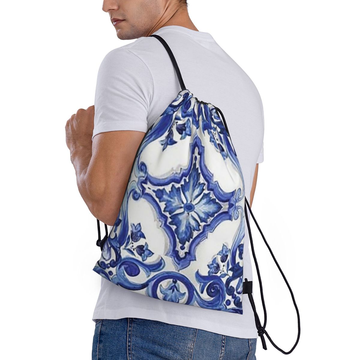 Blue Ornate Floral Mediterrane - Tile Bag Drawstring ulasan dan harga