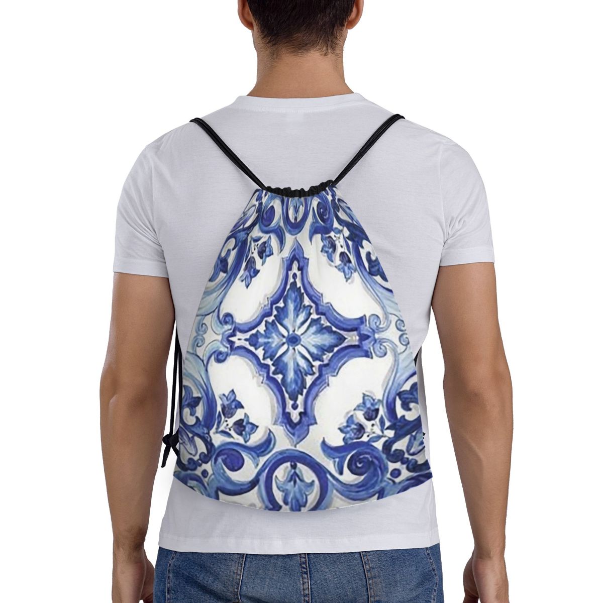 Blue Ornate Floral Mediterrane - Tile Bag Drawstring ulasan dan harga