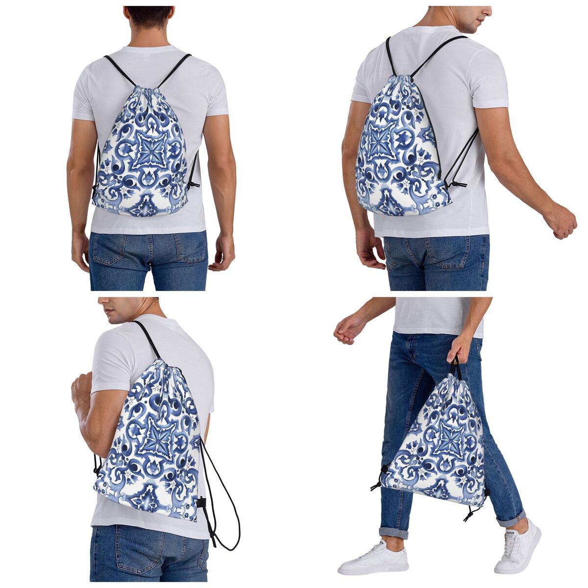 Blue Ornate Floral Mediterrane - Tile Bag Drawstring ulasan dan harga