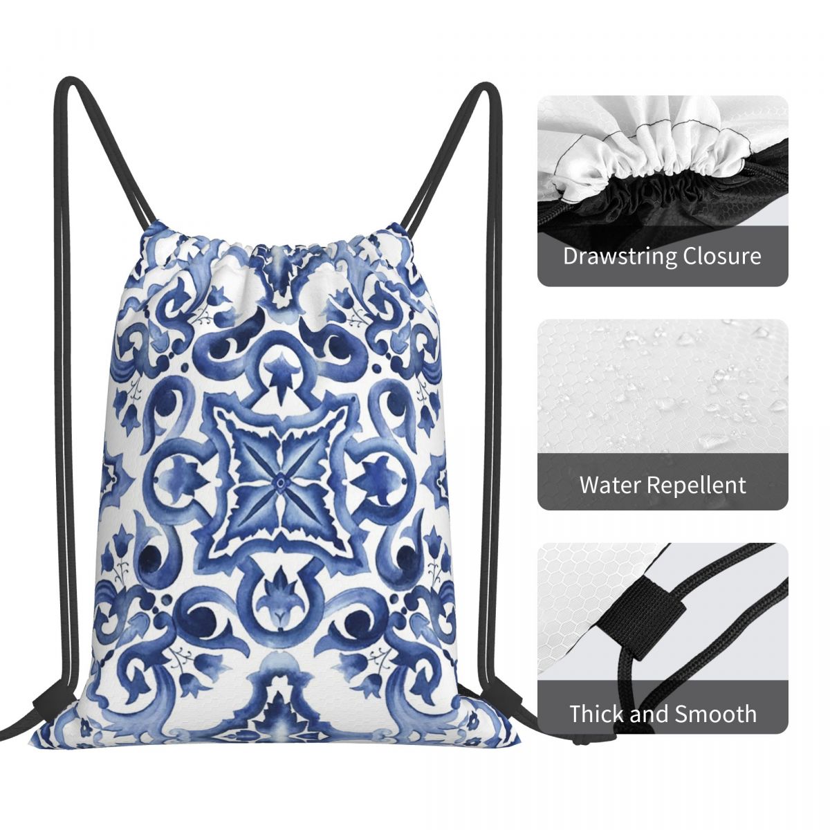 Blue Ornate Floral Mediterrane - Tile Bag Drawstring ulasan dan harga