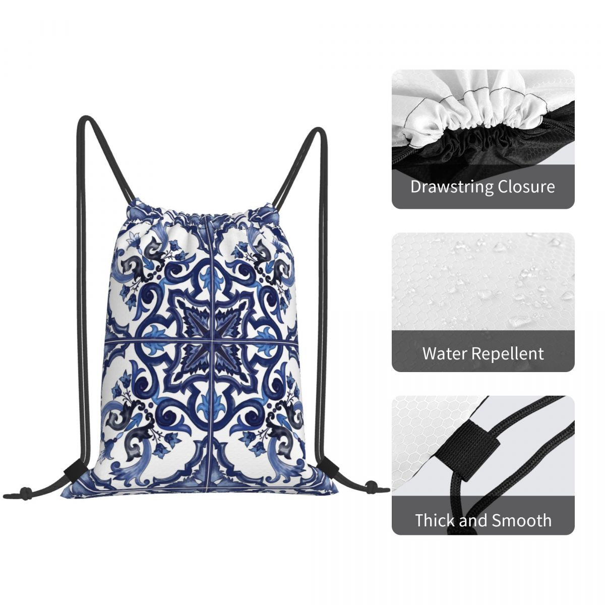 Blue Ornate Floral Mediterrane - Tile Bag Drawstring ulasan dan harga
